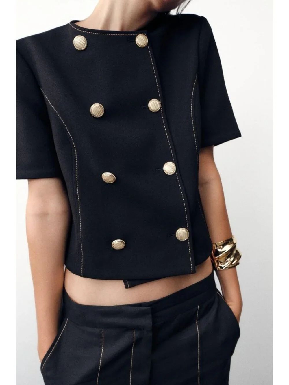 Zara Short Sleeve Blazer Contrast Trim L Black Double Breasted 8164/599 NWOT